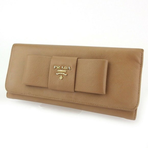 PRADA Purse Ribbon Motif Beige Leather Auth USED G152 - Picture 1 of 8